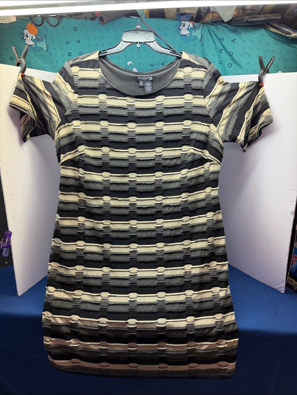 Sharagano Black and Cream Short Sleeve Textured Dress. 20W